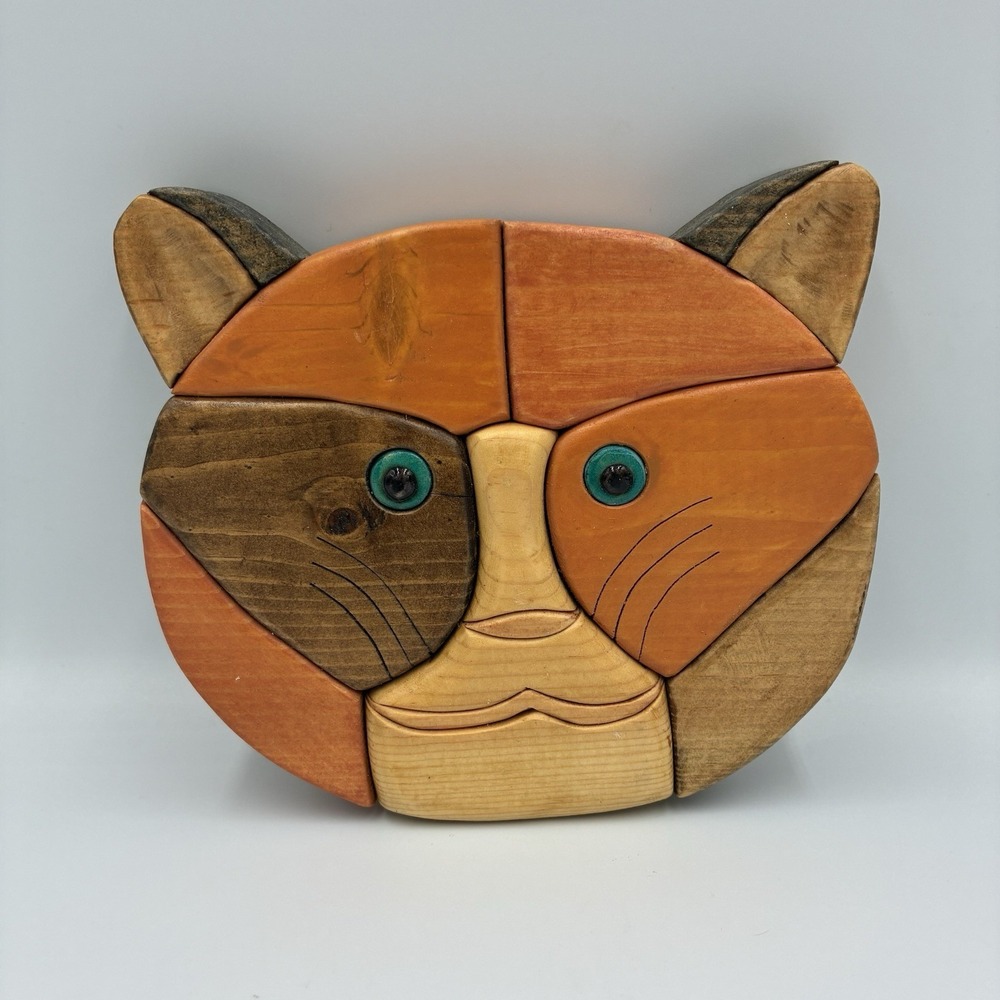 INTARSIA MIXED WOOD Cat HEAD WALL ART HANDMADE